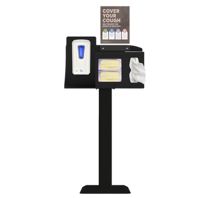 Respiratory Hygiene Station with masks, tissues, hand sanitizer dispenser and sign with Cover Your Cough on a stand. black metal.