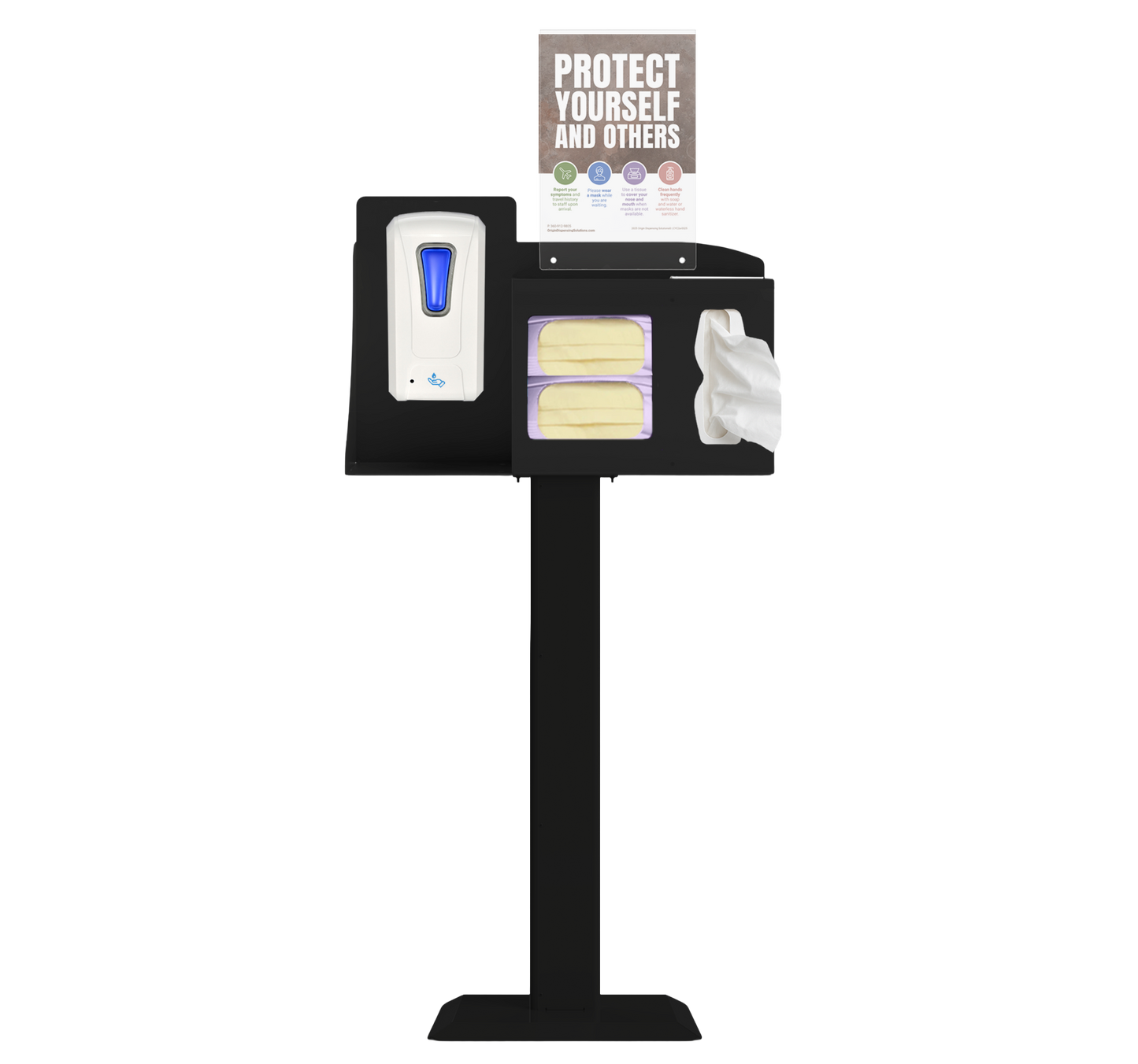 Respiratory Hygiene Station with masks, tissues, hand sanitizer dispenser, sign with "Protect Yourself and Others" sign on a stand. black metal.
