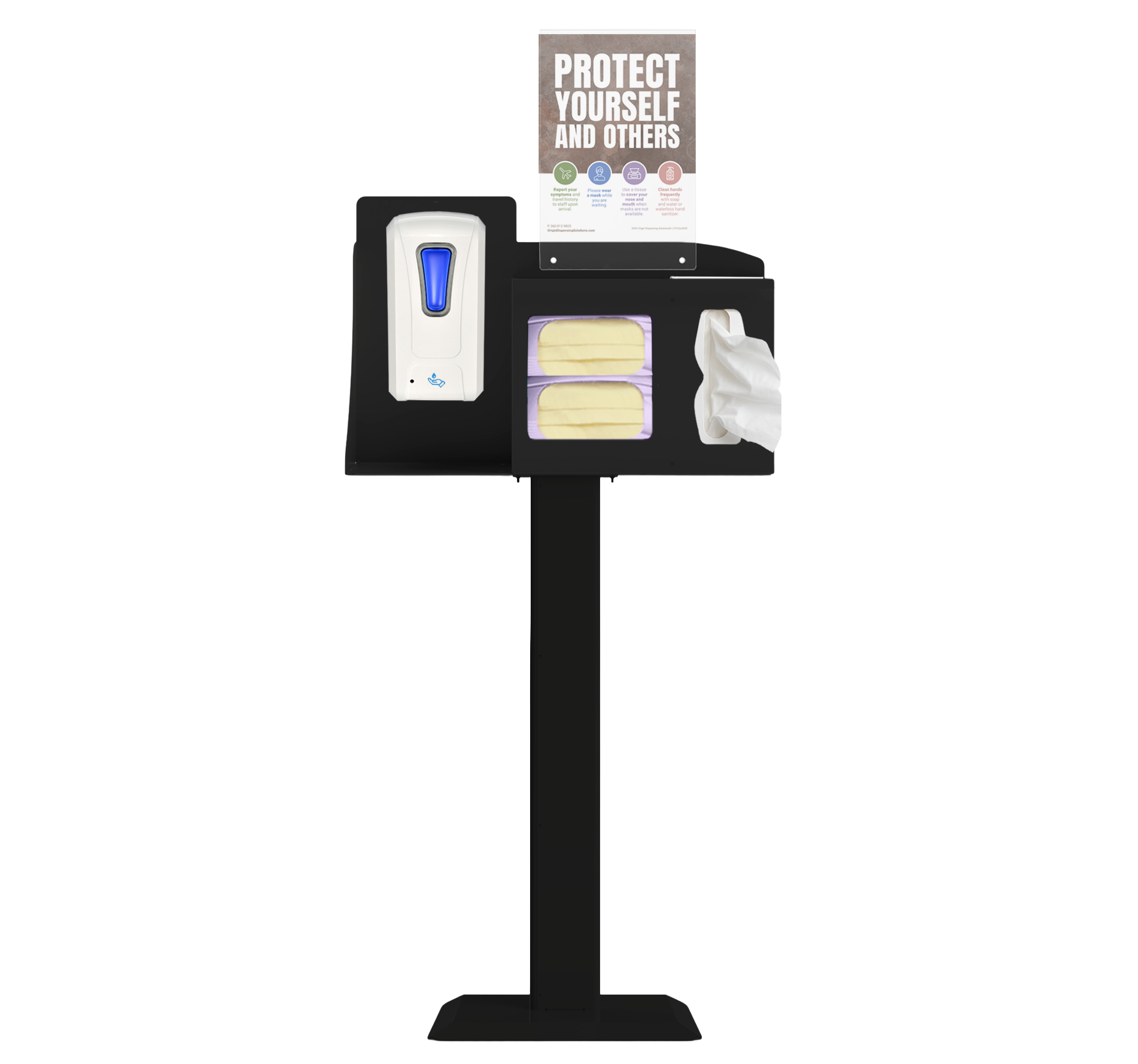 Respiratory Hygiene Station with masks, tissues, hand sanitizer dispenser, sign with "Protect Yourself and Others" sign on a stand. black metal.