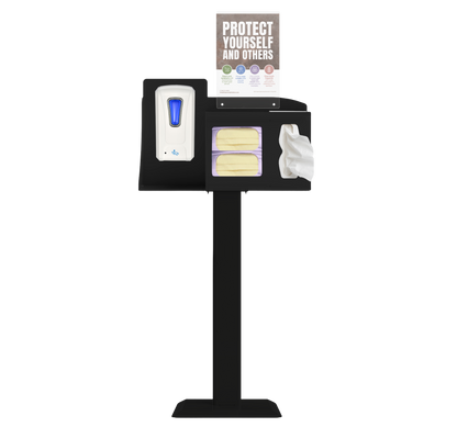 Respiratory Hygiene Station with masks, tissues, hand sanitizer dispenser, sign with "Protect Yourself and Others" sign on a stand. black metal.