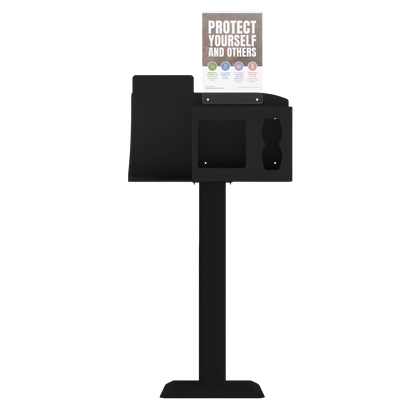 Respiratory Hygiene Station, empty with sign holder with "Protect Yourself and Others" sign and stand, black metal front facing