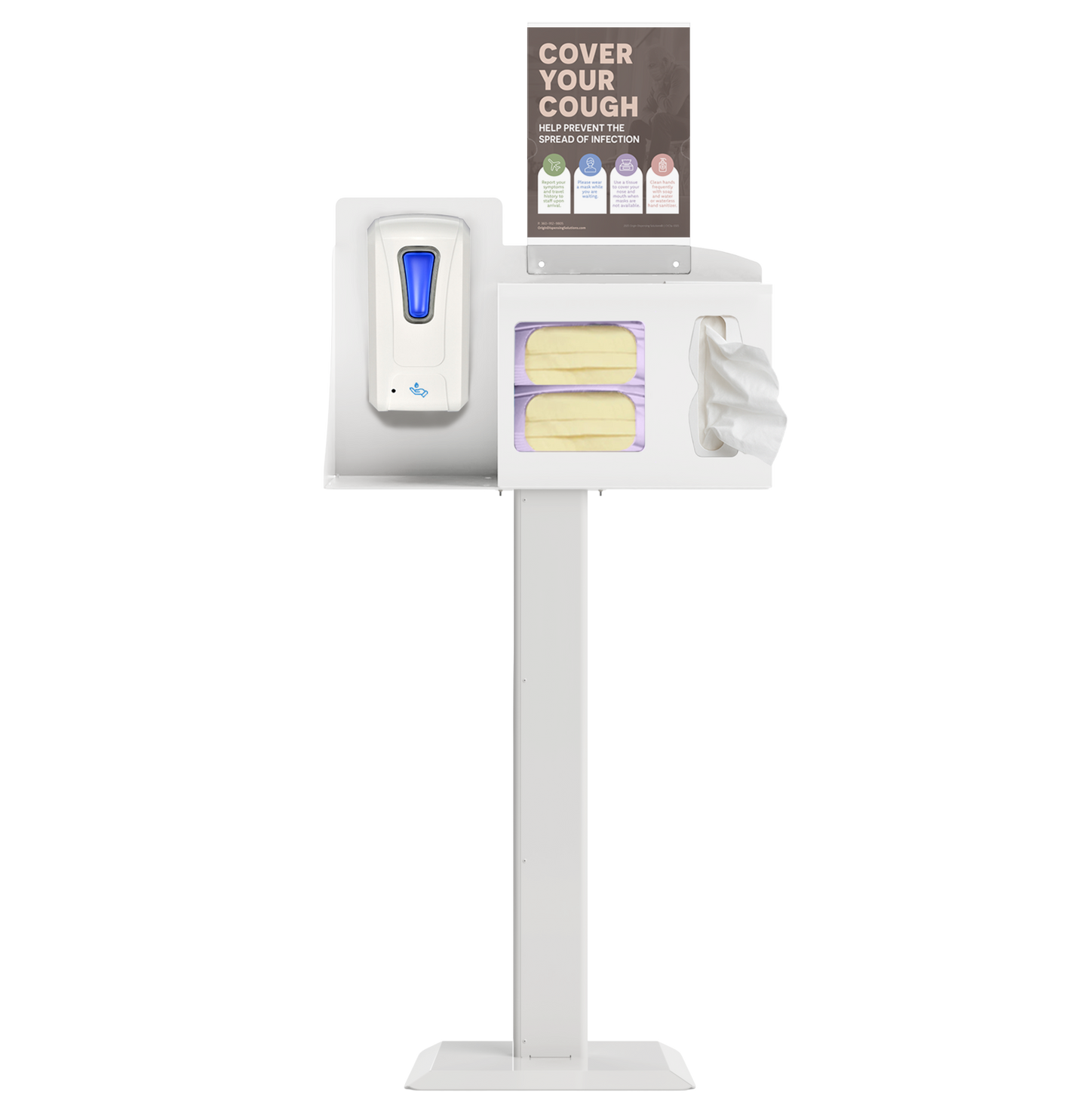Respiratory Hygiene Station with masks, tissues, hand sanitizer dispenser, sign with cover your cough on a stand. white  metal.
