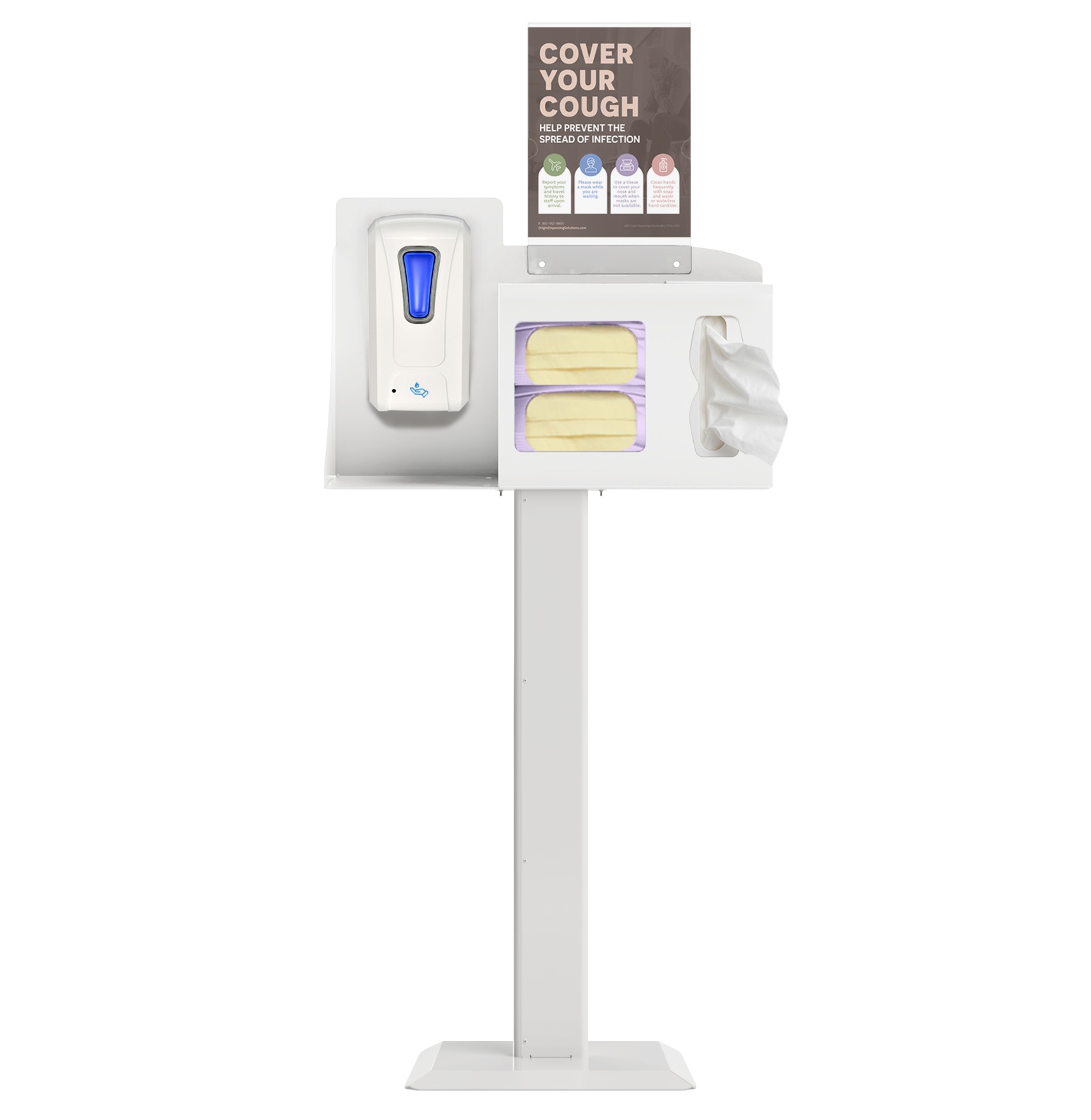 Respiratory Hygiene Station with masks, tissues, hand sanitizer dispenser, sign with cover your cough on a stand. white  metal.