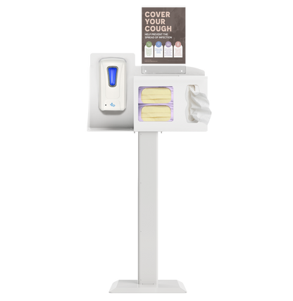 Respiratory Hygiene Station with masks, tissues, hand sanitizer dispenser, sign with cover your cough on a stand. white  metal.