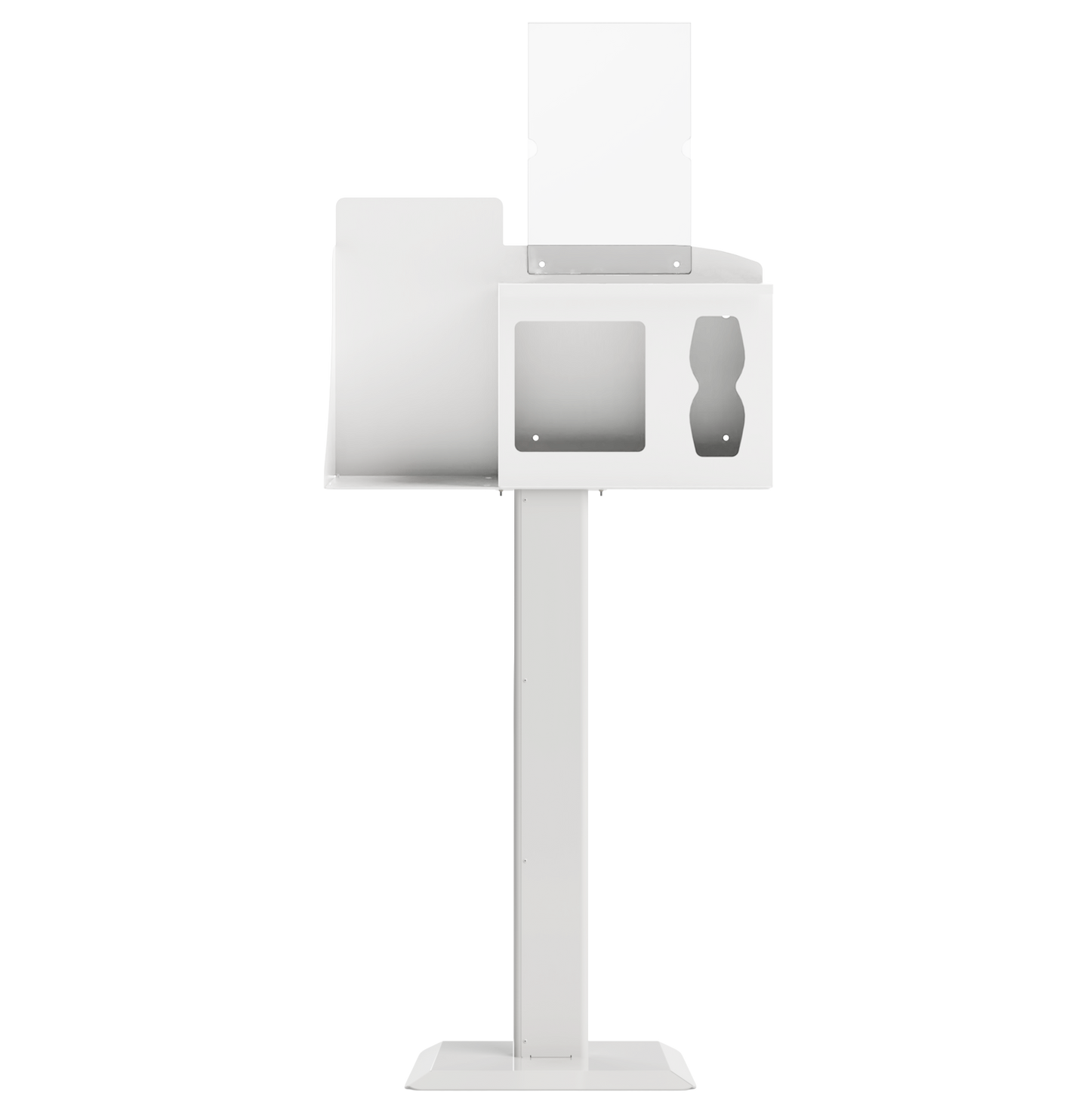 Respiratory Hygiene Station, empty with sign holder and stand, white metal front facing.  