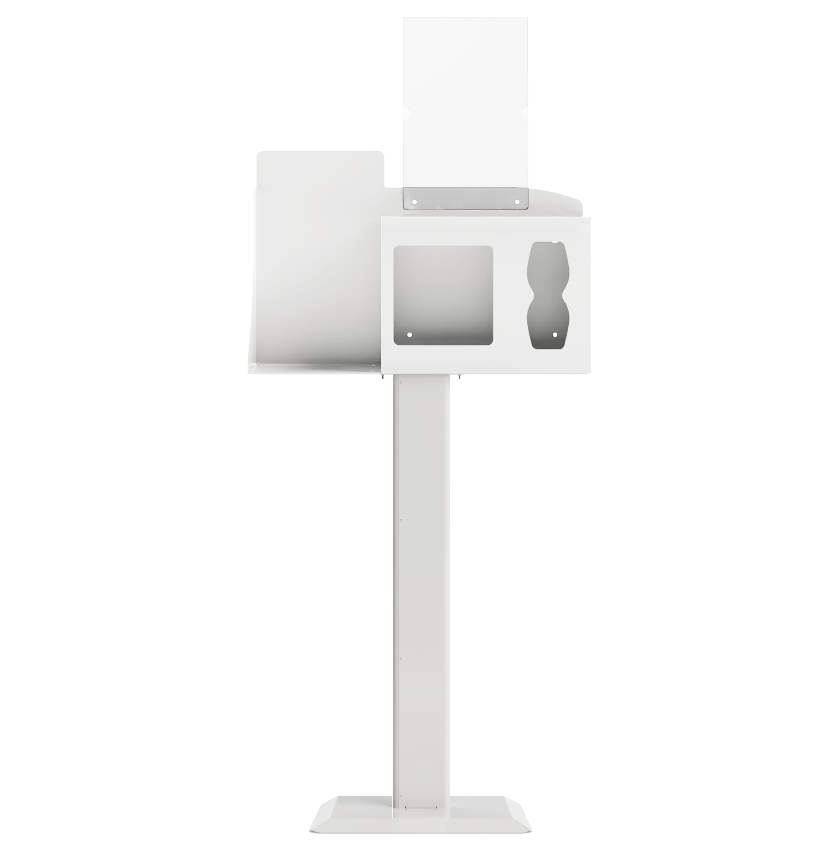 Respiratory Hygiene Station, empty with sign holder and stand, white metal front facing.  
