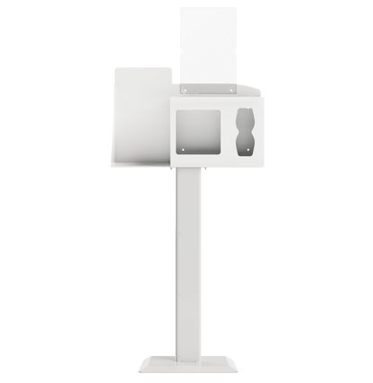 Respiratory Hygiene Station, empty with sign holder and stand, white metal front facing.  