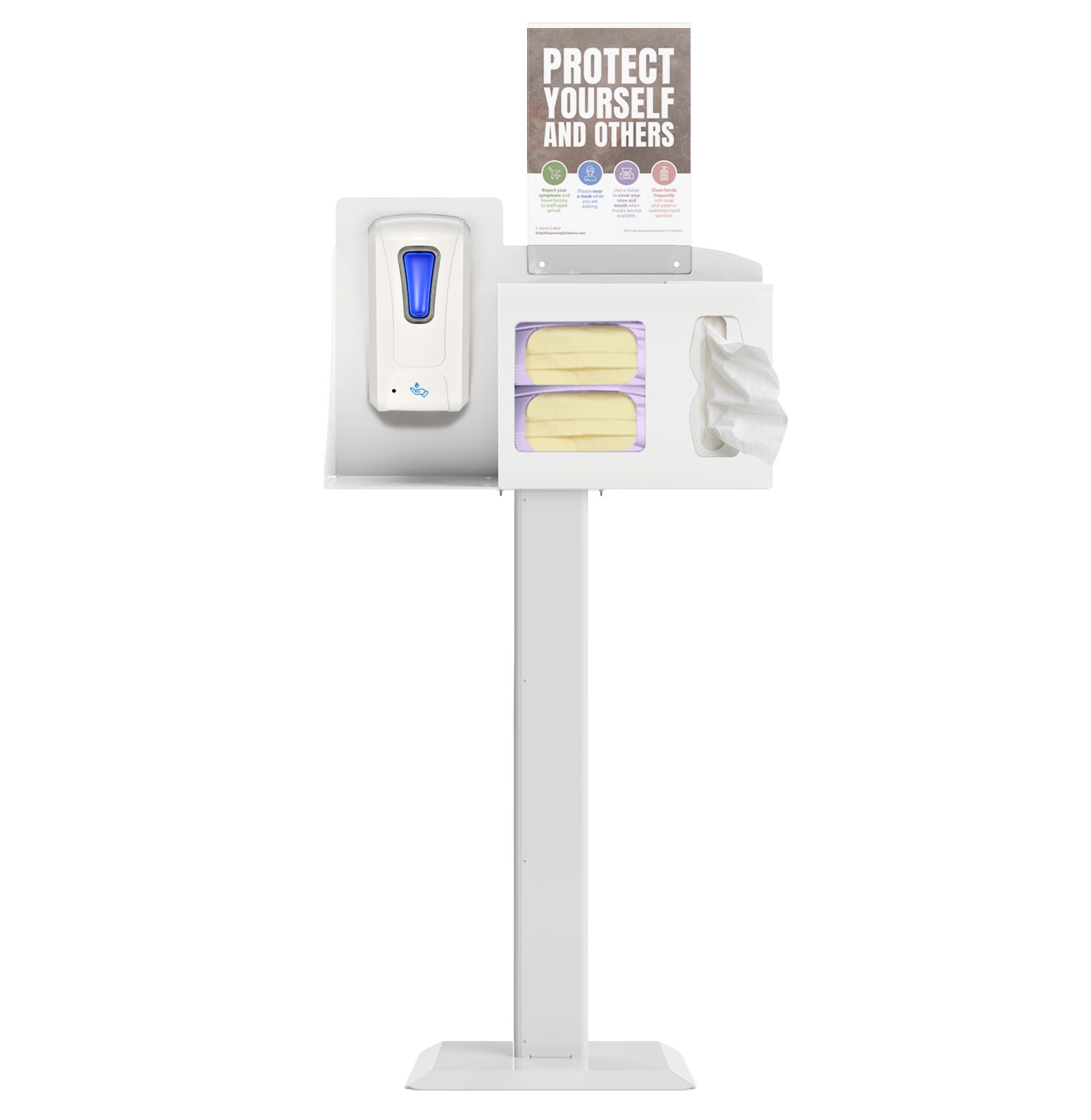 Respiratory Hygiene Station with masks, tissues, hand sanitizer dispenser, sign with protect yourself and others on a stand. white  metal.