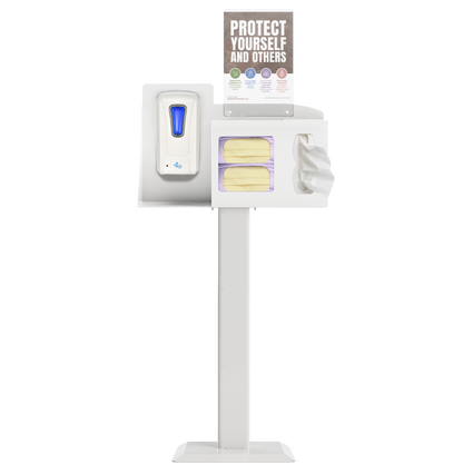 Respiratory Hygiene Station with masks, tissues, hand sanitizer dispenser, sign with protect yourself and others on a stand. white  metal.