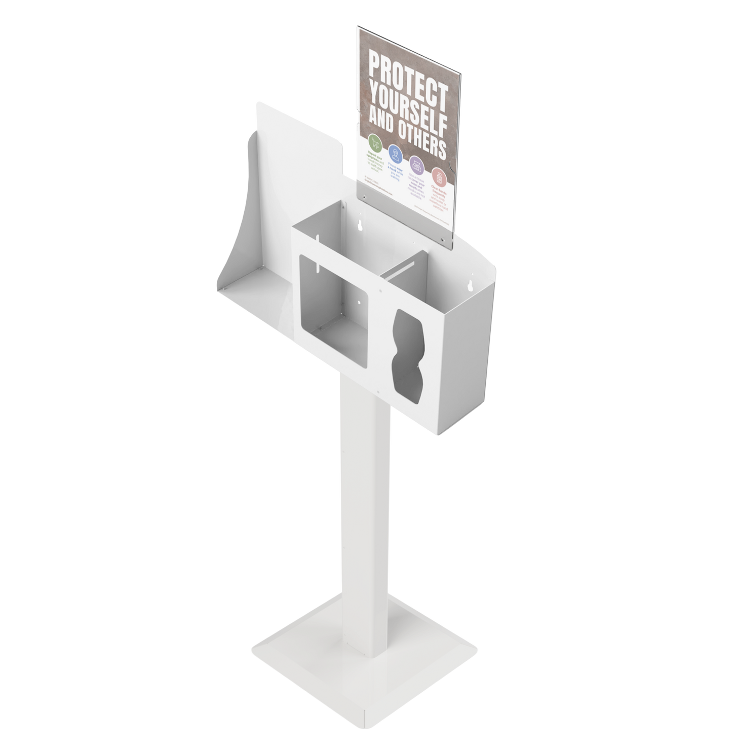 Respiratory Hygiene Station, empty with sign holder with Protect yourself and others sign and stand, white metal front facing angled slightly left