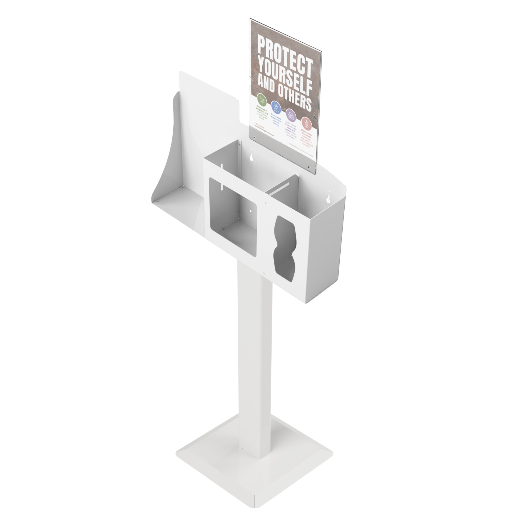 Respiratory Hygiene Station, empty with sign holder with Protect yourself and others sign and stand, white metal front facing angled slightly left