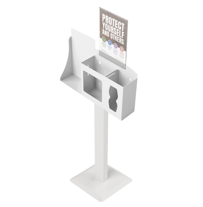 Respiratory Hygiene Station, empty with sign holder with Protect yourself and others sign and stand, white metal front facing angled slightly left