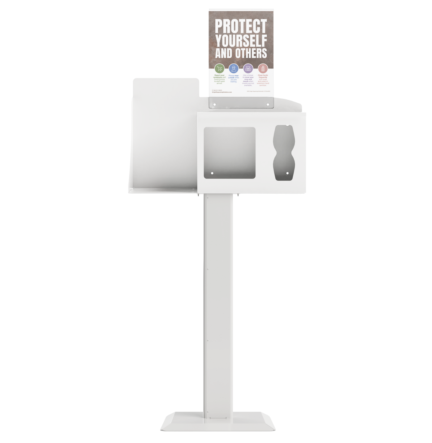 Respiratory Hygiene Station, empty with sign holder with "Protect Yourself and Others" sign and stand, white metal front facing