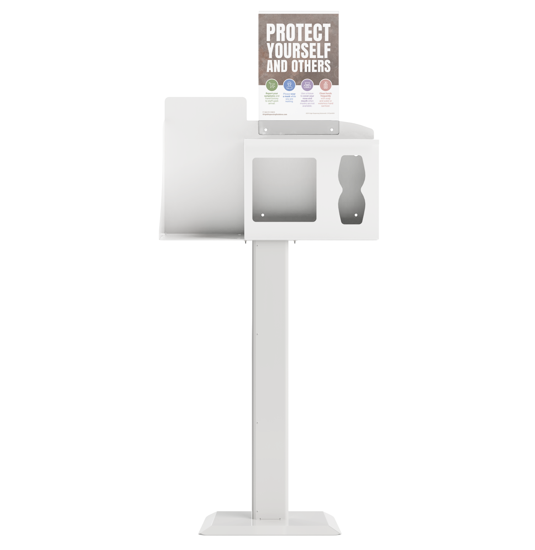 Respiratory Hygiene Station, empty with sign holder with "Protect Yourself and Others" sign and stand, white metal front facing