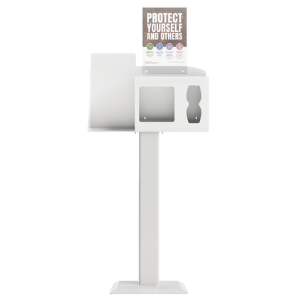 Respiratory Hygiene Station, empty with sign holder with "Protect Yourself and Others" sign and stand, white metal front facing