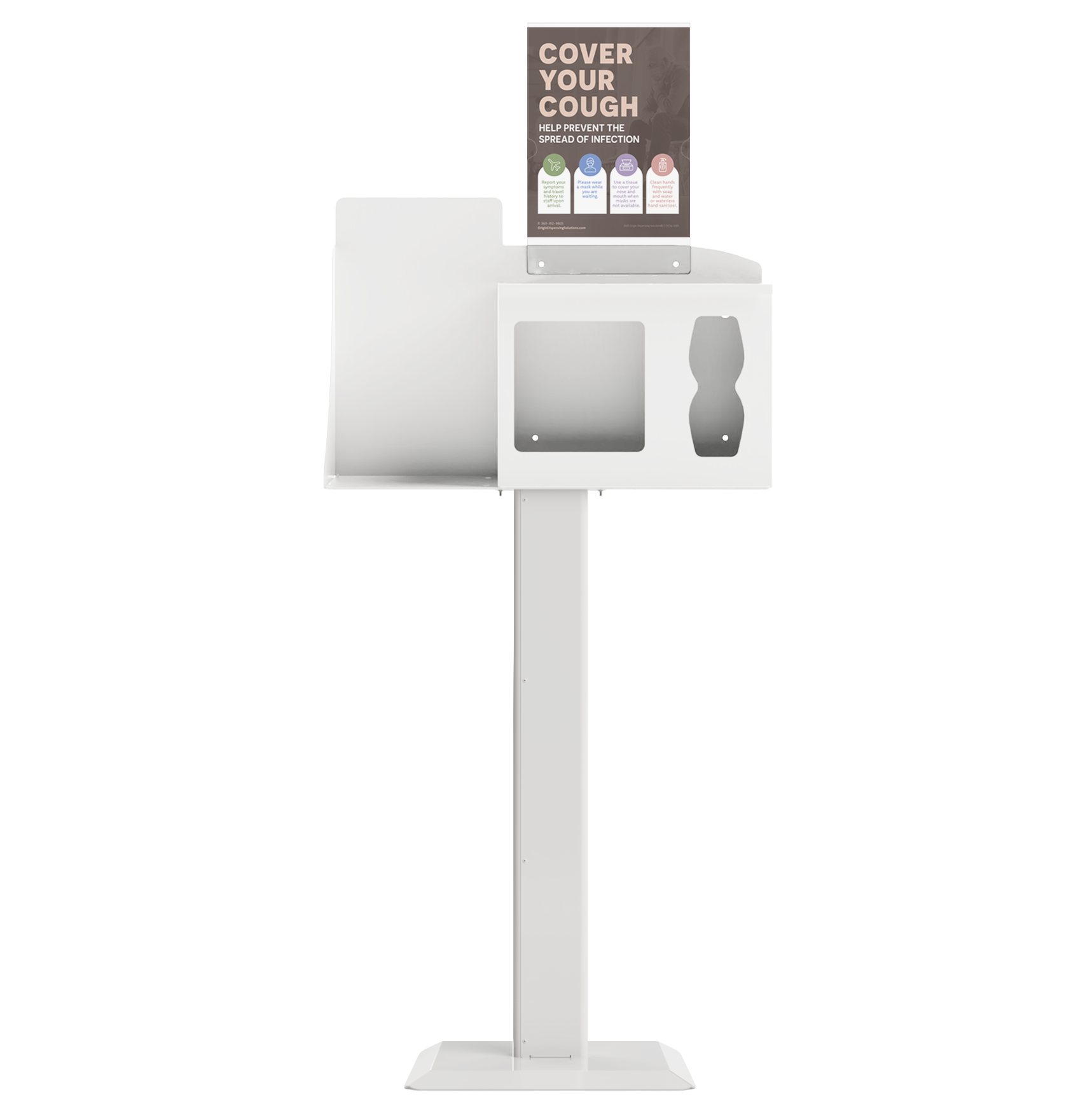 Respiratory Hygiene Station, empty with sign holder with "Cover Your Cough" sign and stand, white metal front facing.  