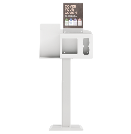 Respiratory Hygiene Station, empty with sign holder with "Cover Your Cough" sign and stand, white metal front facing.  