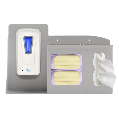 Beige Metal, Flu Station, 3 sections with locking lid. Unit full, and front facing, showing one hand sanitizer dispenser, 2 boxes of earloop facemasks and one box of tissues. 
