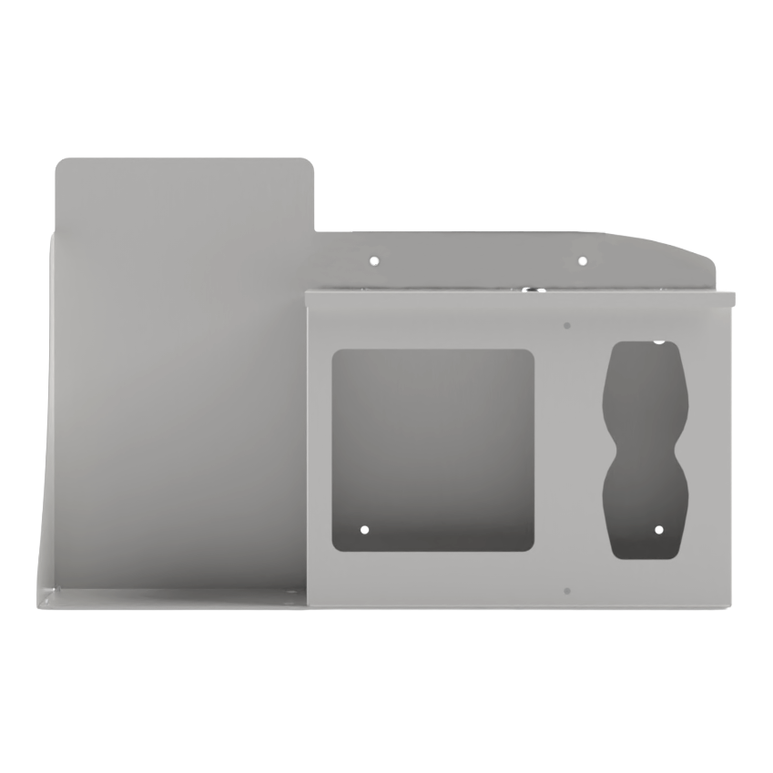 Respiratory Hygiene Station. Beige Metal, Flu Station, 3 sections with locking lid. Unit empty, and front facing, with sections for one hand sanitizer dispenser, earloop facemasks and tissues. 