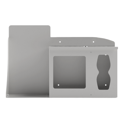 Respiratory Hygiene Station. Beige Metal, Flu Station, 3 sections with locking lid. Unit empty, and front facing, with sections for one hand sanitizer dispenser, earloop facemasks and tissues. 