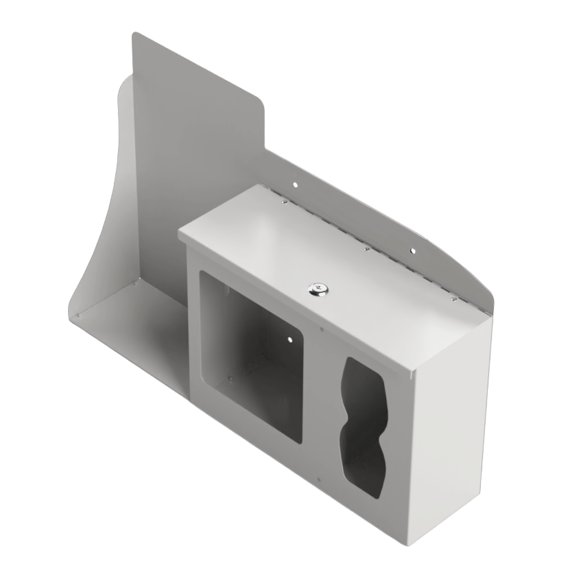 Respiratory Hygiene Station. Beige Metal, Flu Station, 3 sections with locking lid. Unit empty, and front angled facing, with sections for one hand sanitizer dispenser, earloop face masks and tissues. 