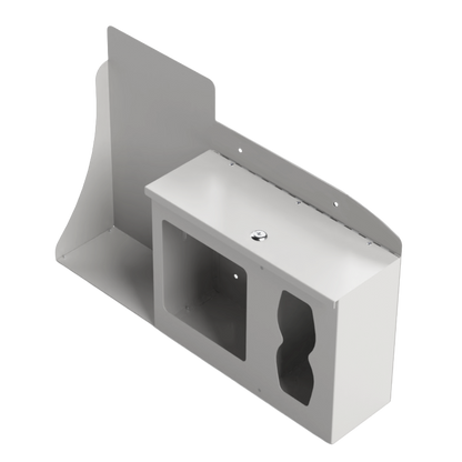 Respiratory Hygiene Station. Beige Metal, Flu Station, 3 sections with locking lid. Unit empty, and front angled facing, with sections for one hand sanitizer dispenser, earloop face masks and tissues. 