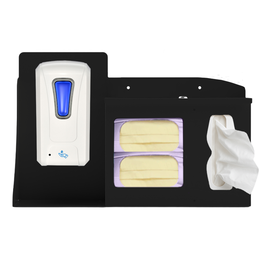 Black Metal, Flu Station, 3 sections with locking lid. Unit full, and front facing, showing one hand sanitizer dispenser, 2 boxes of earloop facemasks and one box of tissues. 