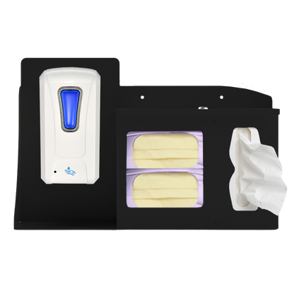Black Metal, Flu Station, 3 sections with locking lid. Unit full, and front facing, showing one hand sanitizer dispenser, 2 boxes of earloop facemasks and one box of tissues. 