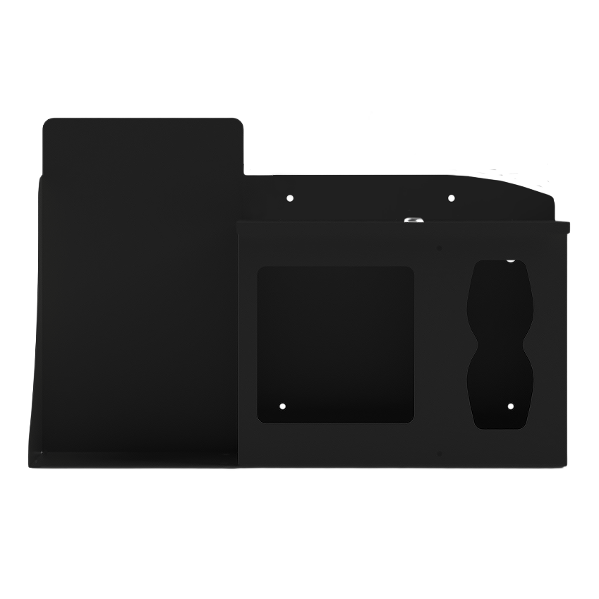 Respiratory Hygiene Station. Black Metal, Flu Station, 3 sections with locking lid. Unit empty, and front facing, with sections for one hand sanitizer dispenser, earloop facemasks and tissues. 