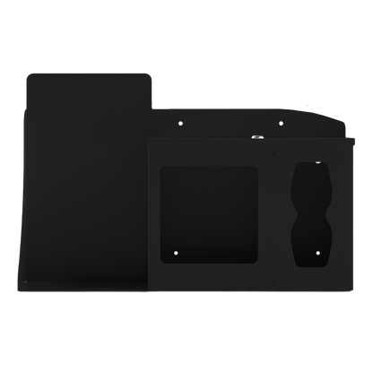 Respiratory Hygiene Station. Black Metal, Flu Station, 3 sections with locking lid. Unit empty, and front facing, with sections for one hand sanitizer dispenser, earloop facemasks and tissues. 