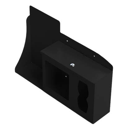Respiratory Hygiene Station. Black Metal, Flu Station, 3 sections with locking lid. Unit empty, and front angled facing, with sections for one hand sanitizer dispenser, earloop face masks and tissues. 