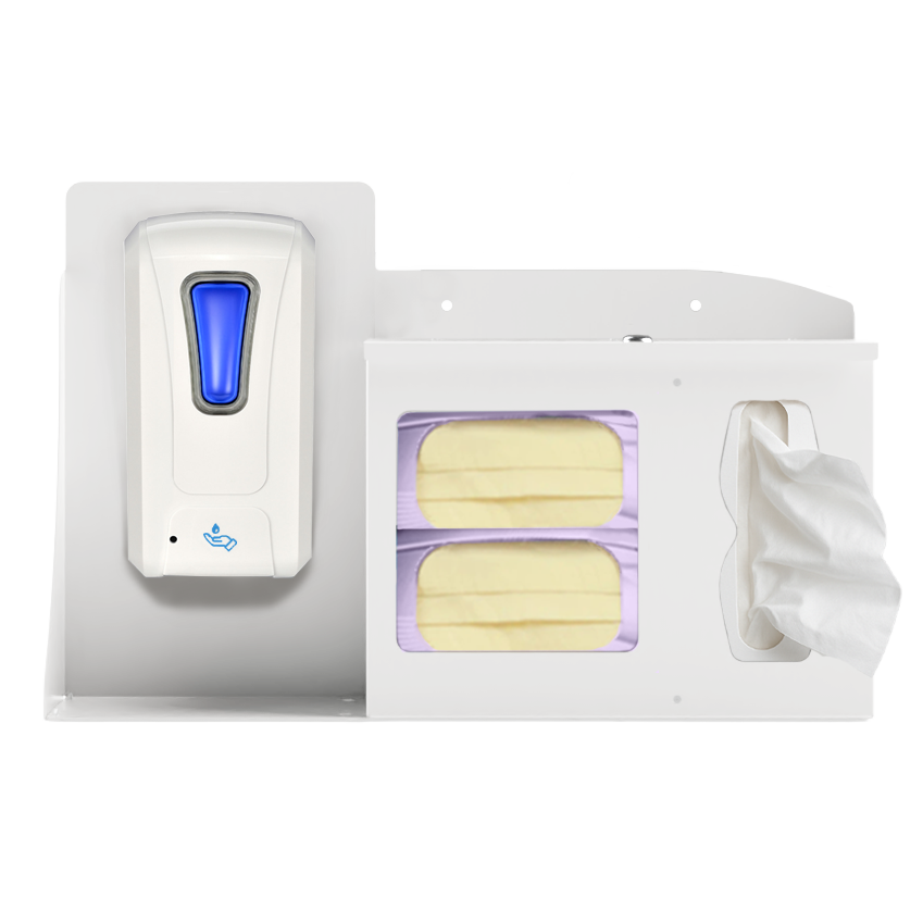 White Metal, Flu Station, 3 sections with locking lid. Unit full, and front facing, showing one hand sanitizer dispenser, 2 boxes of earloop facemasks and one box of tissues. 