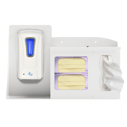 White Metal, Flu Station, 3 sections with locking lid. Unit full, and front facing, showing one hand sanitizer dispenser, 2 boxes of earloop facemasks and one box of tissues. 