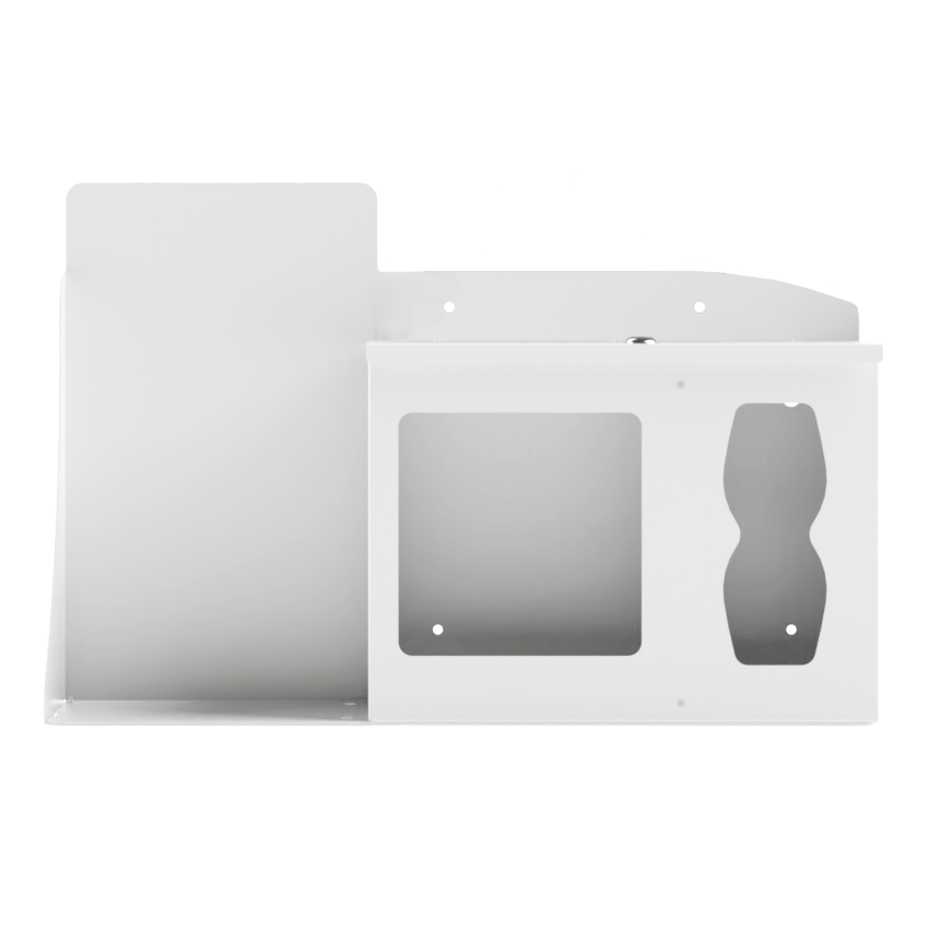 Respiratory Hygiene Station. White Metal, Flu Station, 3 sections with locking lid. Unit empty, and front facing, with sections for one hand sanitizer dispenser, earloop facemasks and tissues. 
