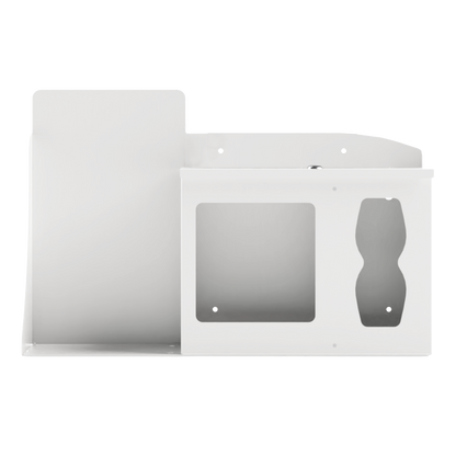 Respiratory Hygiene Station. White Metal, Flu Station, 3 sections with locking lid. Unit empty, and front facing, with sections for one hand sanitizer dispenser, earloop facemasks and tissues. 