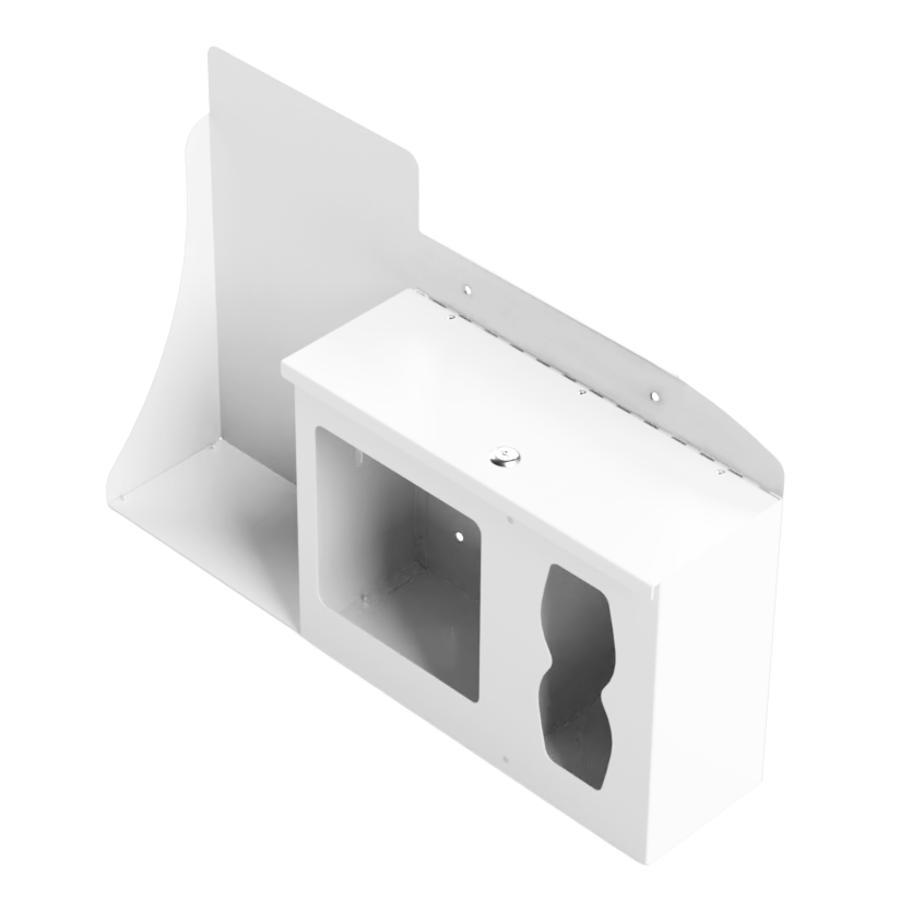 White Metal, Flu Station, 3 sections with locking lid. Unit empty, and front angled facing, with sections for one hand sanitizer dispenser, earloop face masks and tissues. 