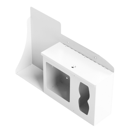 White Metal, Flu Station, 3 sections with locking lid. Unit empty, and front angled facing, with sections for one hand sanitizer dispenser, earloop face masks and tissues. 