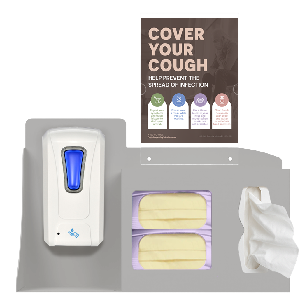Respiratory Hygiene Station. Beige ABS plastic Flu Station with 3 sections. Unit has a sign holder with Cover Your Cough sign.  Station is full with one automatic hand sanitizer dispenser, 2 boxes of yellow earloop face masks, and tissues. Unit is front facing.