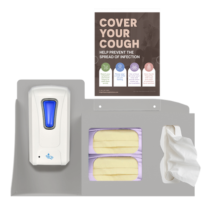 Respiratory Hygiene Station. Beige ABS plastic Flu Station with 3 sections. Unit has a sign holder with Cover Your Cough sign.  Station is full with one automatic hand sanitizer dispenser, 2 boxes of yellow earloop face masks, and tissues. Unit is front facing.