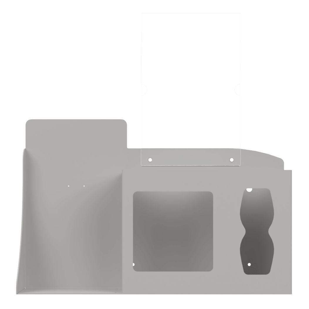 Respiratory Hygiene Station. Beige ABS plastic Flu Station with sign holder. 3 sections to accommodate automatic hand sanitizer dispenser, earloop face masks, and tissues. Unit empty, and front facing.