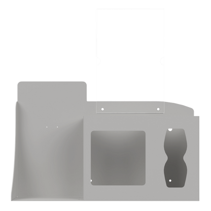 Respiratory Hygiene Station. Beige ABS plastic Flu Station with sign holder. 3 sections to accommodate automatic hand sanitizer dispenser, earloop face masks, and tissues. Unit empty, and front facing.