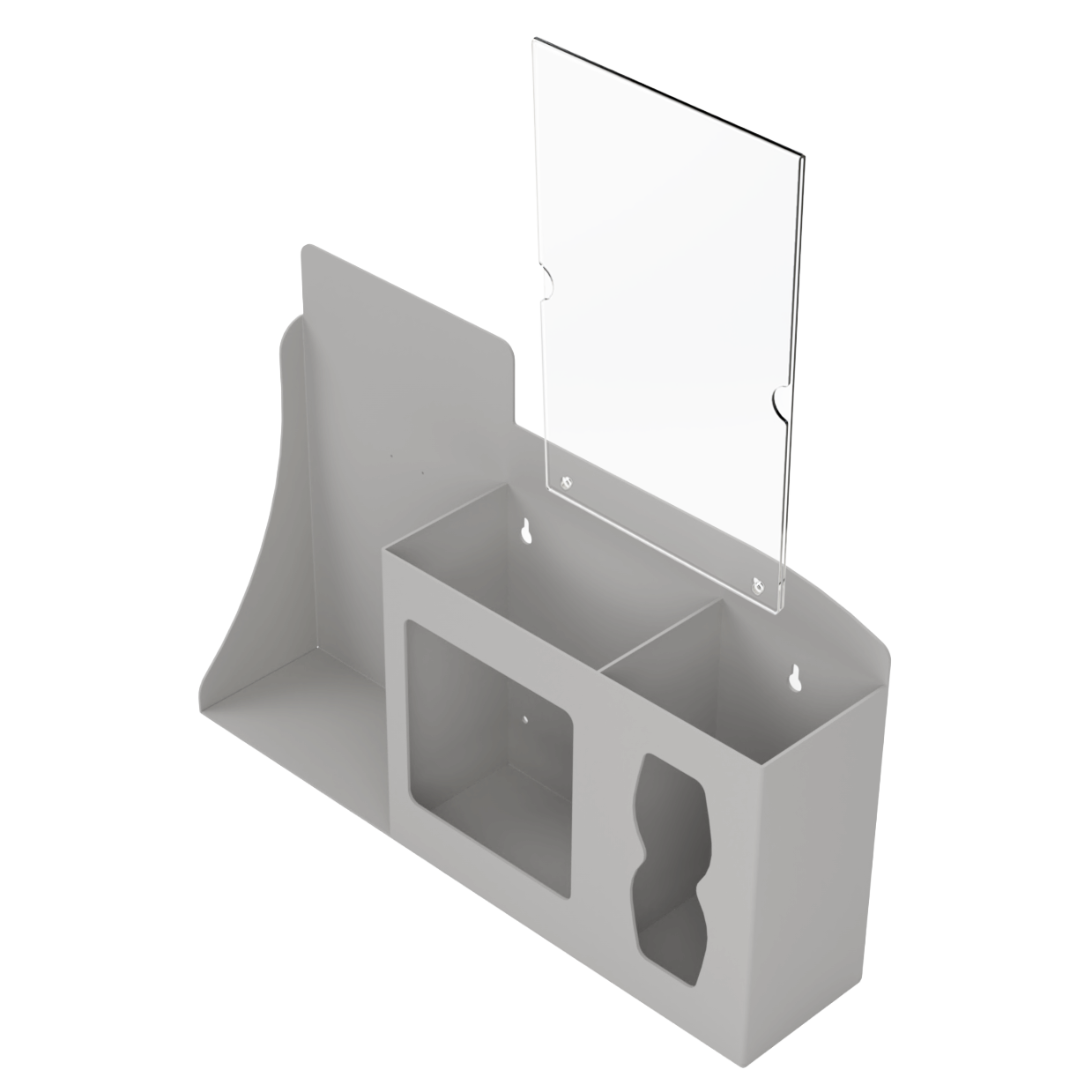 Respiratory Hygiene Station. Beige ABS plastic Flu Station with sign holder. 3 sections to accommodate automatic hand sanitizer dispenser, earloop face masks, and tissues. Unit empty, and front facing slightly left angled.