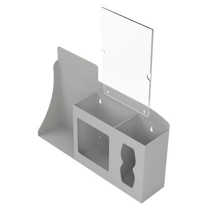 Respiratory Hygiene Station. Beige ABS plastic Flu Station with sign holder. 3 sections to accommodate automatic hand sanitizer dispenser, earloop face masks, and tissues. Unit empty, and front facing slightly left angled.