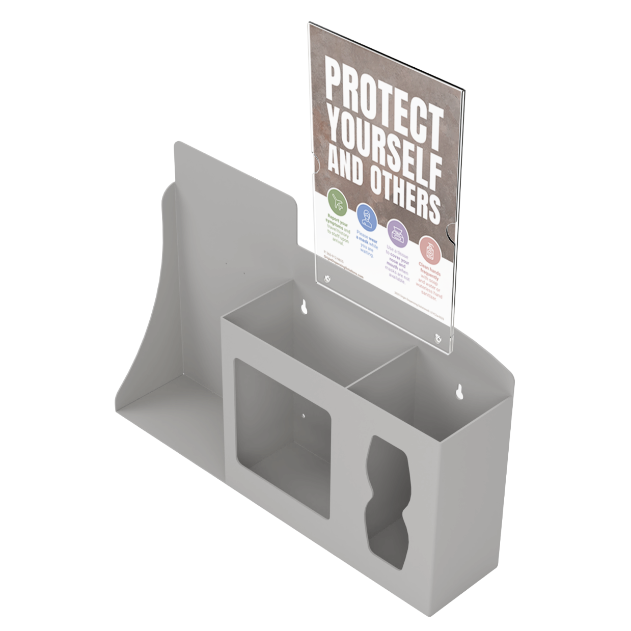 Respiratory Hygiene Station. Beige ABS plastic Flu Station with a sign holder and Protect Yourself sign. 3 sections to accommodate automatic hand sanitizer dispenser, earloop face masks, and tissues. Unit empty, and front facing slightly left angled.