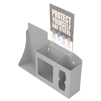 Respiratory Hygiene Station. Beige ABS plastic Flu Station with a sign holder and Protect Yourself sign. 3 sections to accommodate automatic hand sanitizer dispenser, earloop face masks, and tissues. Unit empty, and front facing slightly left angled.