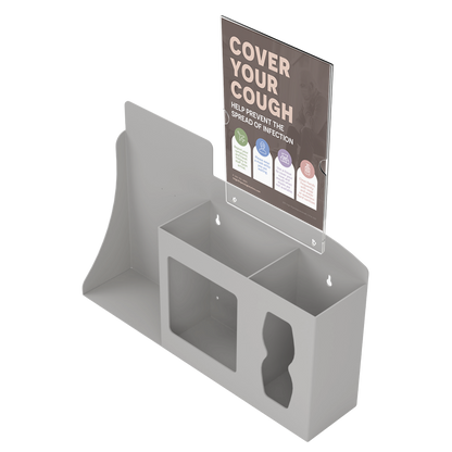 Respiratory Hygiene Station. Beige ABS plastic Flu Station with sign holder and Cover Your Cough sign. 3 sections to accommodate automatic hand sanitizer dispenser, earloop face masks, and tissues. Unit empty, and front facing slightly left angled.