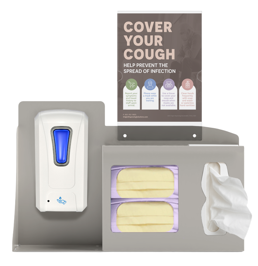 Respiratory Hygiene Station. Beige Metal, Flu Station, 3 sections with a sign holder. Unit full, and front facing, showing one hand sanitizer dispenser, 2 boxes of earloop facemasks and one box of tissues. Sign holder holds a "Cover Your Cough " sign inside.