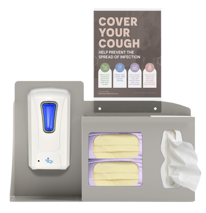 Respiratory Hygiene Station. Beige Metal, Flu Station, 3 sections with a sign holder. Unit full, and front facing, showing one hand sanitizer dispenser, 2 boxes of earloop facemasks and one box of tissues. Sign holder holds a "Cover Your Cough " sign inside.