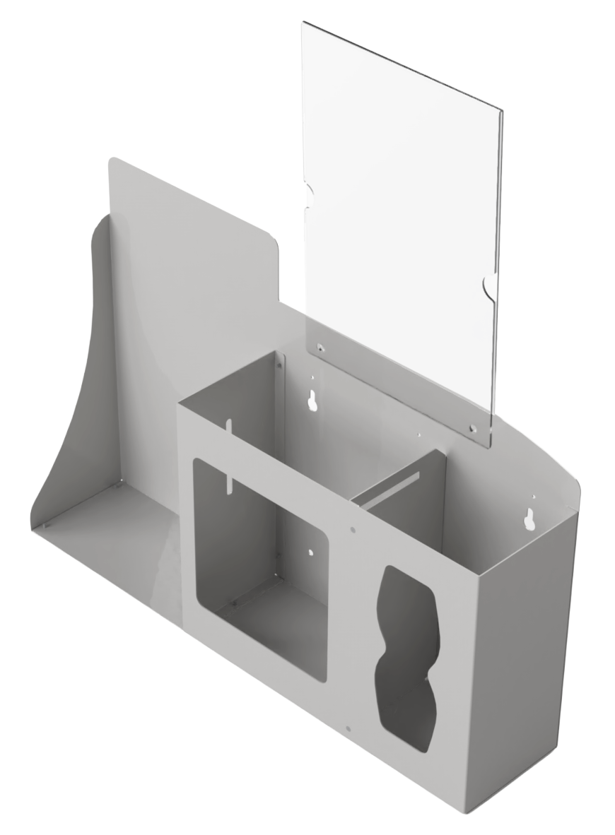 Respiratory Hygiene Station, Beige Metal, Flu Station, 3 sections with a sign holder. Unit empty. Front facing slightly left. Sign holder empty. 