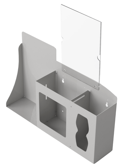 Respiratory Hygiene Station, Beige Metal, Flu Station, 3 sections with a sign holder. Unit empty. Front facing slightly left. Sign holder empty. 